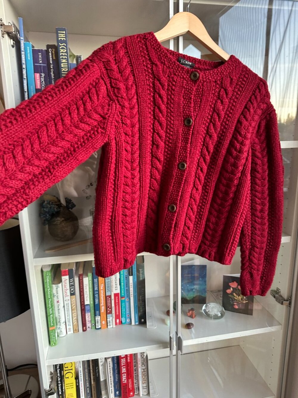 RARE Vintage J.Crew 100% Wool Chunky Cable Knit Red Boxy Cardigan S - Picture 3 of 8